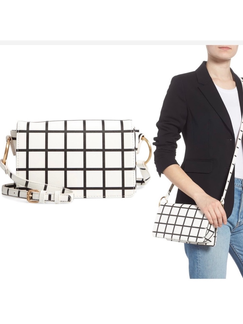 Grid-Print White Crossbody Bag with Black Check Pattern BP Check Faux Leather